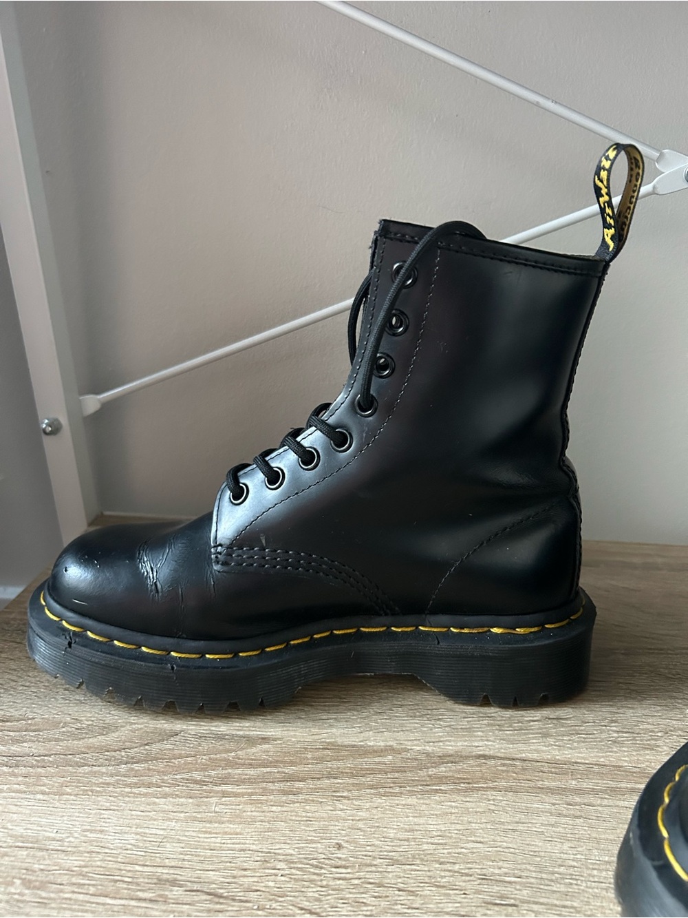 Doc Martens Black Leather Lace-Up Boots with Yellow Stitching